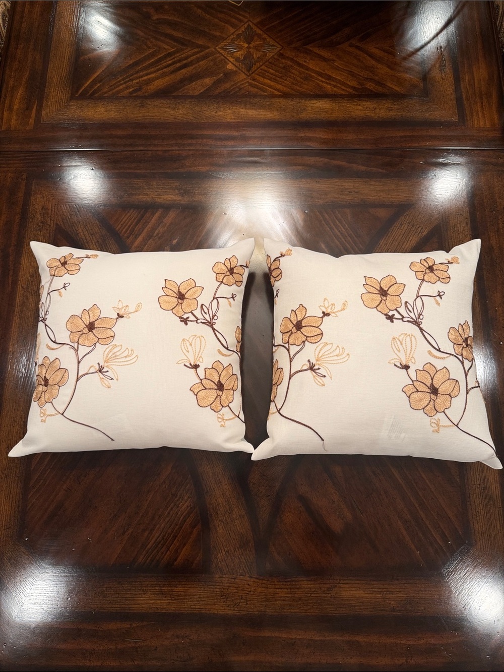 Embroidered Floral Throw Pillow Set - Off White with Tan Accents